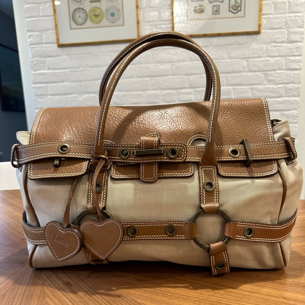 Luella bag in beige cotton with leather straps.